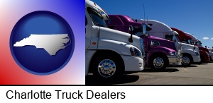 Charlotte, North Carolina - row of semi trucks at a truck dealership