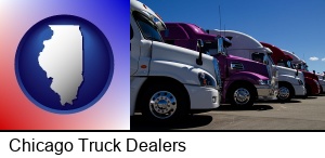 Chicago, Illinois - row of semi trucks at a truck dealership