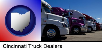 row of semi trucks at a truck dealership in Cincinnati, OH