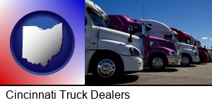 Cincinnati, Ohio - row of semi trucks at a truck dealership