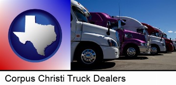 row of semi trucks at a truck dealership in Corpus Christi, TX