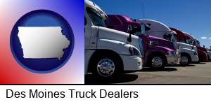Des Moines, Iowa - row of semi trucks at a truck dealership
