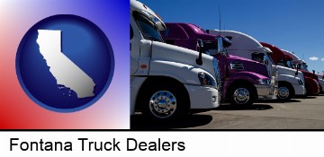 row of semi trucks at a truck dealership in Fontana, CA