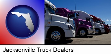 row of semi trucks at a truck dealership in Jacksonville, FL