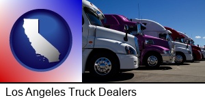 Los Angeles, California - row of semi trucks at a truck dealership