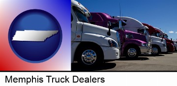 row of semi trucks at a truck dealership in Memphis, TN