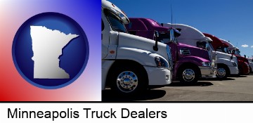 row of semi trucks at a truck dealership in Minneapolis, MN