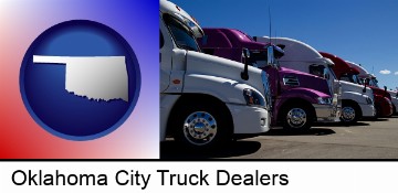 row of semi trucks at a truck dealership in Oklahoma City, OK