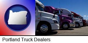 Portland, Oregon - row of semi trucks at a truck dealership