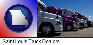 Saint Louis, Missouri - row of semi trucks at a truck dealership