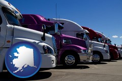alaska map icon and row of semi trucks at a truck dealership