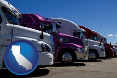 california map icon and row of semi trucks at a truck dealership