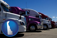 delaware map icon and row of semi trucks at a truck dealership