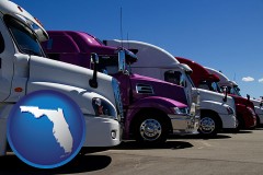 florida map icon and row of semi trucks at a truck dealership