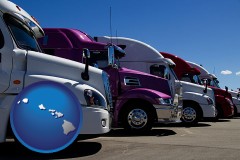 hawaii map icon and row of semi trucks at a truck dealership