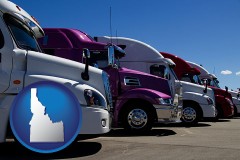 idaho map icon and row of semi trucks at a truck dealership