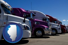 illinois map icon and row of semi trucks at a truck dealership