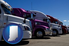 indiana map icon and row of semi trucks at a truck dealership