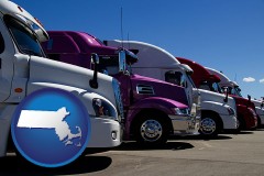 massachusetts map icon and row of semi trucks at a truck dealership