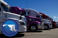 maryland map icon and row of semi trucks at a truck dealership