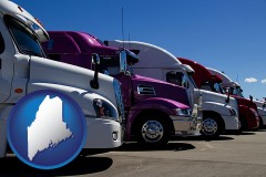 maine map icon and row of semi trucks at a truck dealership
