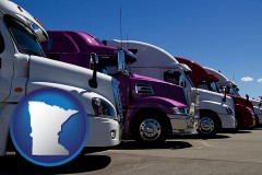 minnesota map icon and row of semi trucks at a truck dealership