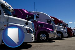 nevada map icon and row of semi trucks at a truck dealership