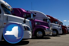 new-york map icon and row of semi trucks at a truck dealership