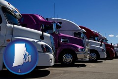 rhode-island map icon and row of semi trucks at a truck dealership