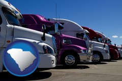 south-carolina map icon and row of semi trucks at a truck dealership