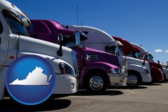 virginia map icon and row of semi trucks at a truck dealership