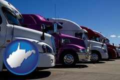 west-virginia map icon and row of semi trucks at a truck dealership