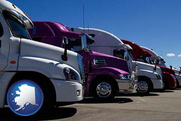row of semi trucks at a truck dealership - with Alaska icon