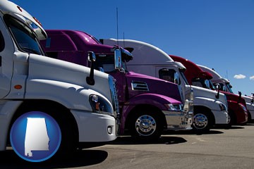 row of semi trucks at a truck dealership - with Alabama icon