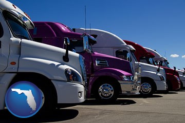 row of semi trucks at a truck dealership - with Florida icon