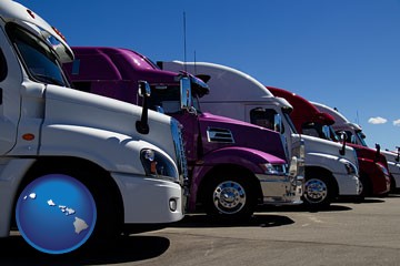 row of semi trucks at a truck dealership - with Hawaii icon
