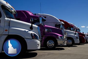 row of semi trucks at a truck dealership - with Idaho icon