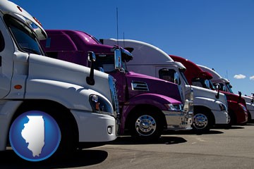 row of semi trucks at a truck dealership - with Illinois icon