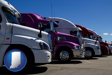 row of semi trucks at a truck dealership - with Indiana icon