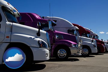 row of semi trucks at a truck dealership - with Kentucky icon