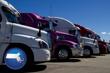 row of semi trucks at a truck dealership - with Massachusetts icon
