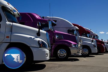 row of semi trucks at a truck dealership - with Maryland icon