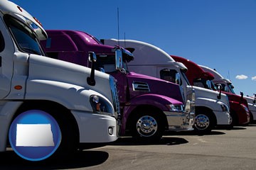 row of semi trucks at a truck dealership - with North Dakota icon