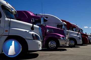 row of semi trucks at a truck dealership - with New Hampshire icon