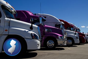 row of semi trucks at a truck dealership - with New Jersey icon