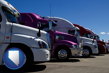 row of semi trucks at a truck dealership - with Nevada icon