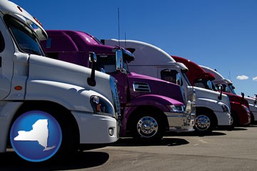 row of semi trucks at a truck dealership - with New York icon
