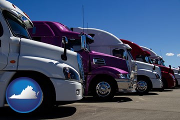 row of semi trucks at a truck dealership - with Virginia icon