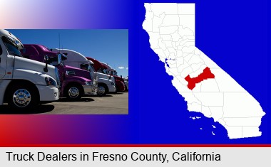 row of semi trucks at a truck dealership; Fresno County highlighted in red on a map