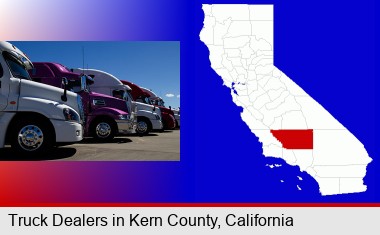 row of semi trucks at a truck dealership; Kern County highlighted in red on a map